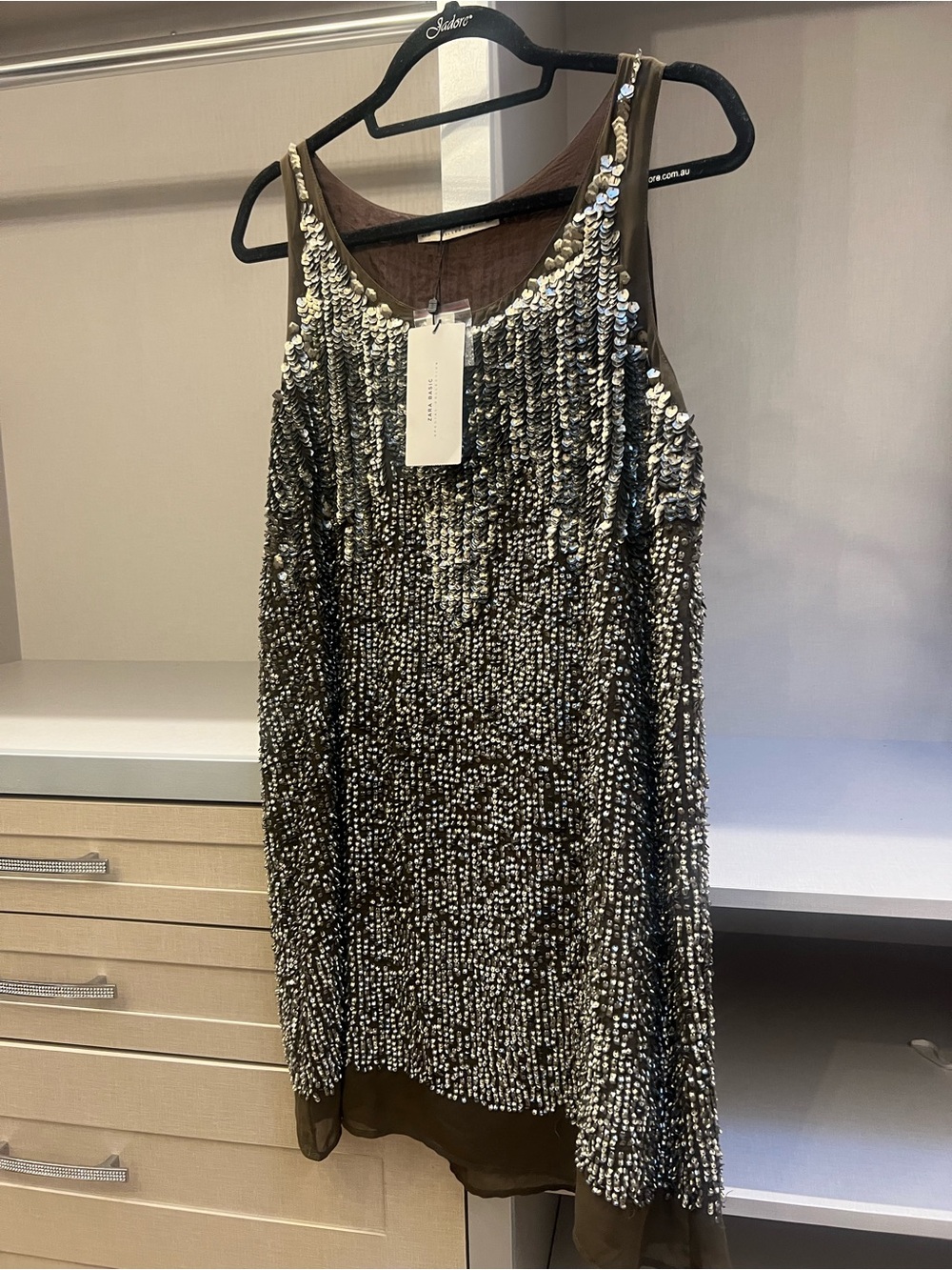 Zara Olive Green Sequin Shift Dress